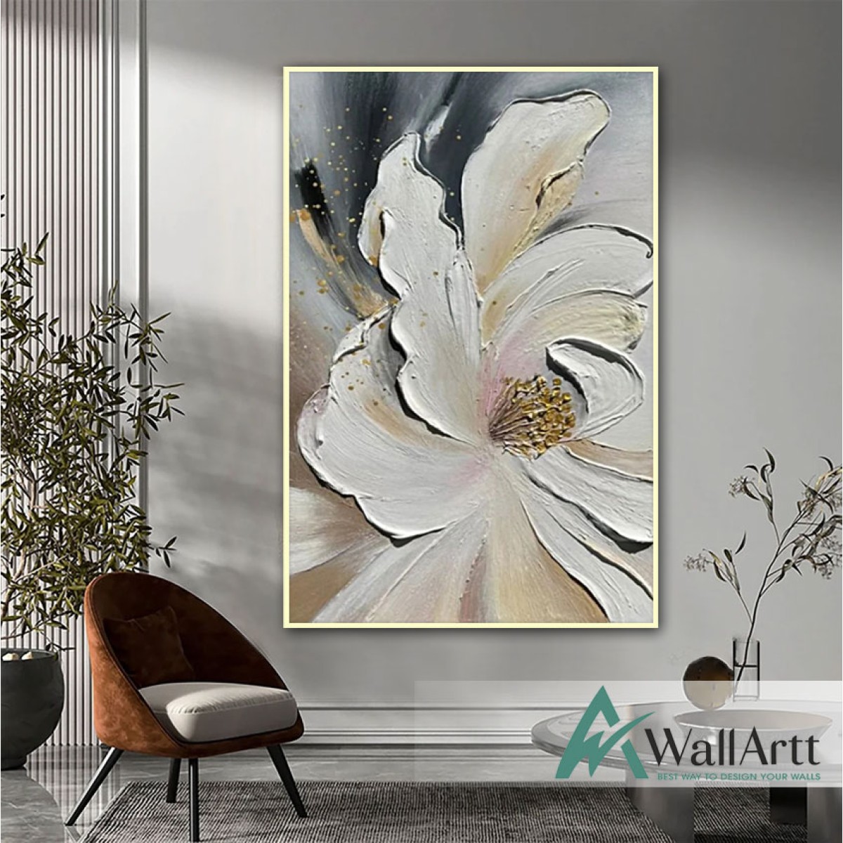 White with Gold Flower II 3D Heavy Textured Partial Oil Painting